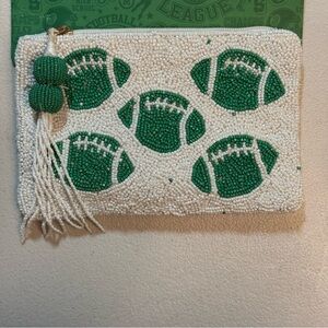 Beaded football zipper pouch green white game day clutch